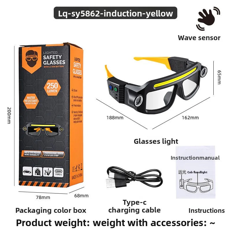 COB LED Glasses Headlamp USB Rechargeable 5 Modes Lightweight 90g Waterproof Head Light for Fishing Cycling Camping Repair Work