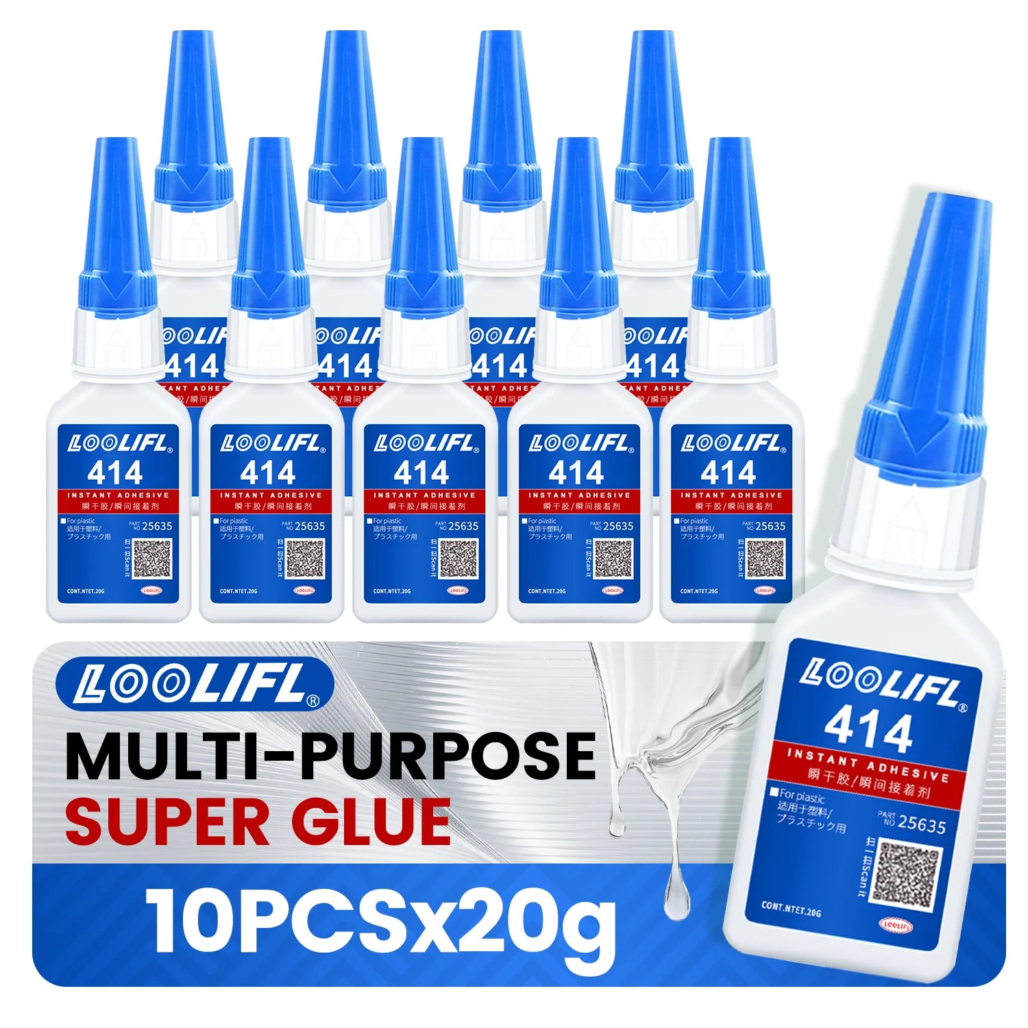 LOOLIFL 414 10Pcs 20G Super Glue Multi Purpose Strong Cyanoacrylate Adhesive For Plastic Rubber Metal Fast Setting Repair Glue