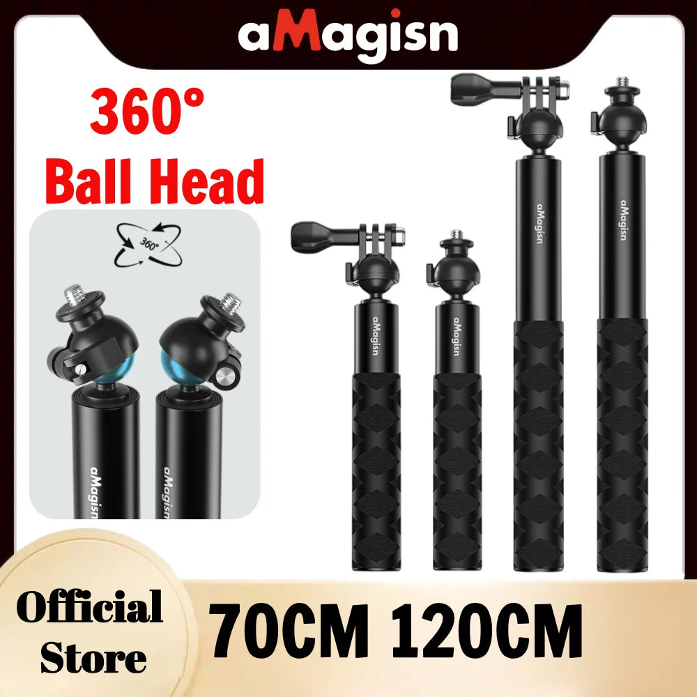 aMagisn Extendable Selfie Stick 70CM 120CM with 360°Ball Head for Insta360 Ace Pro 2 X5 X4 Air Gopro Hero 13 12 DJI Action 5 pro