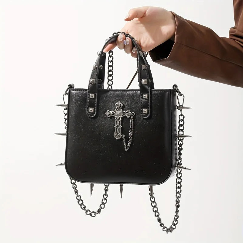 Gothic Handbag for Women Studded Small Square Crossbody Bag PU Leather Shoulder Purse with Cross Design New Arrival Biker Tote
