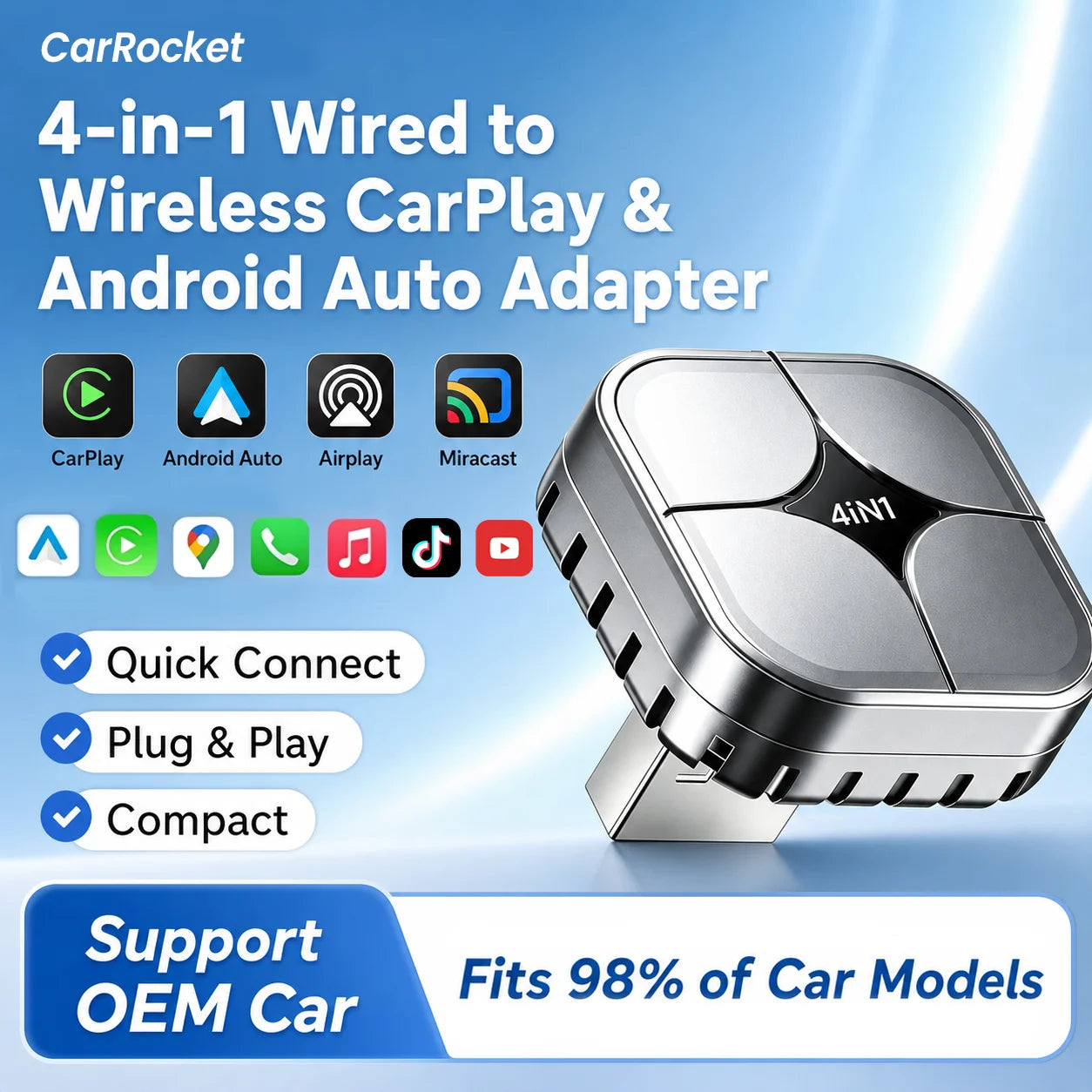 CarRocket 4in1 Wireless CarPlay Dongle Wireless Android Auto Adapter Screen Mirroring 5.0 Wifi Plug and Play for 98% of the Cars