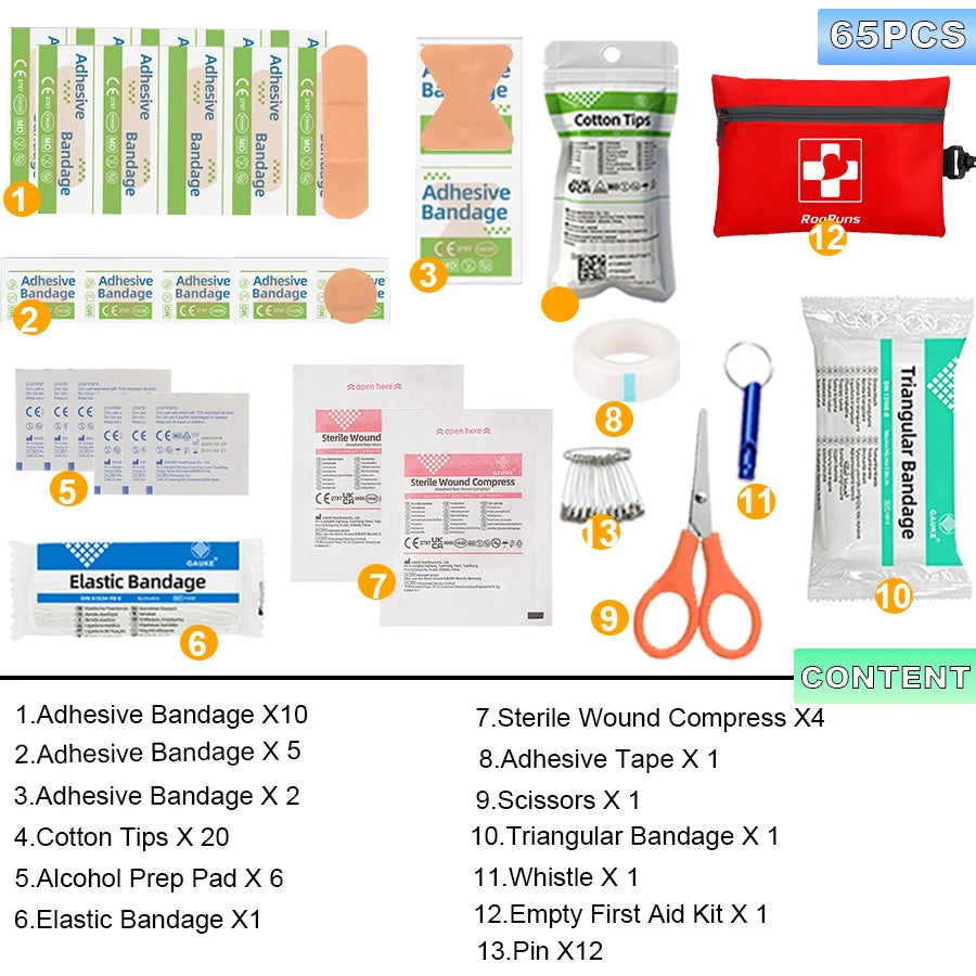 Mini First Aid Kit 65 Pieces, Compact Emergency Survival Medical Pouch for Outdoor Travel Camping Car Household Wound Care