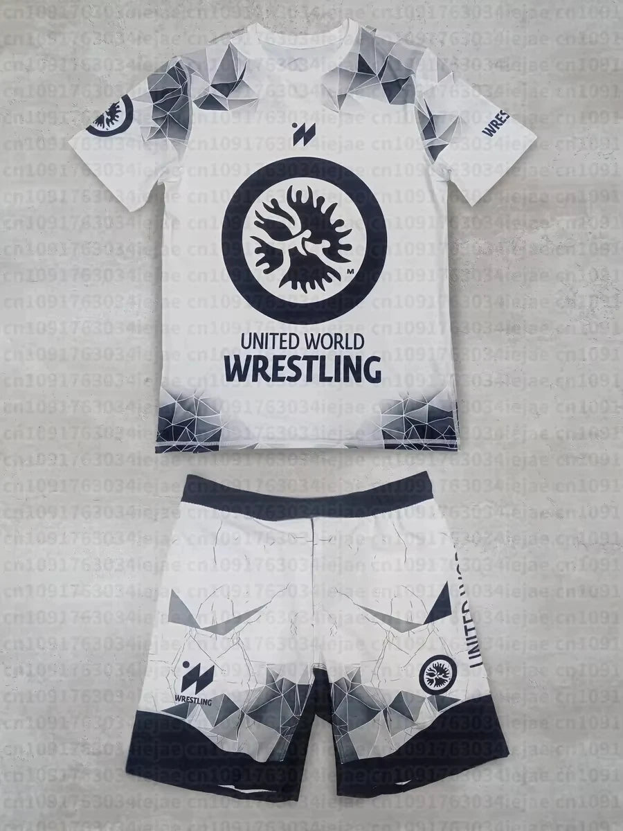2026 New Summer Men Kid United World Wrestling Sportswear Set Short Sleeve T Shirt and Shorts for MMA Training Lightweight