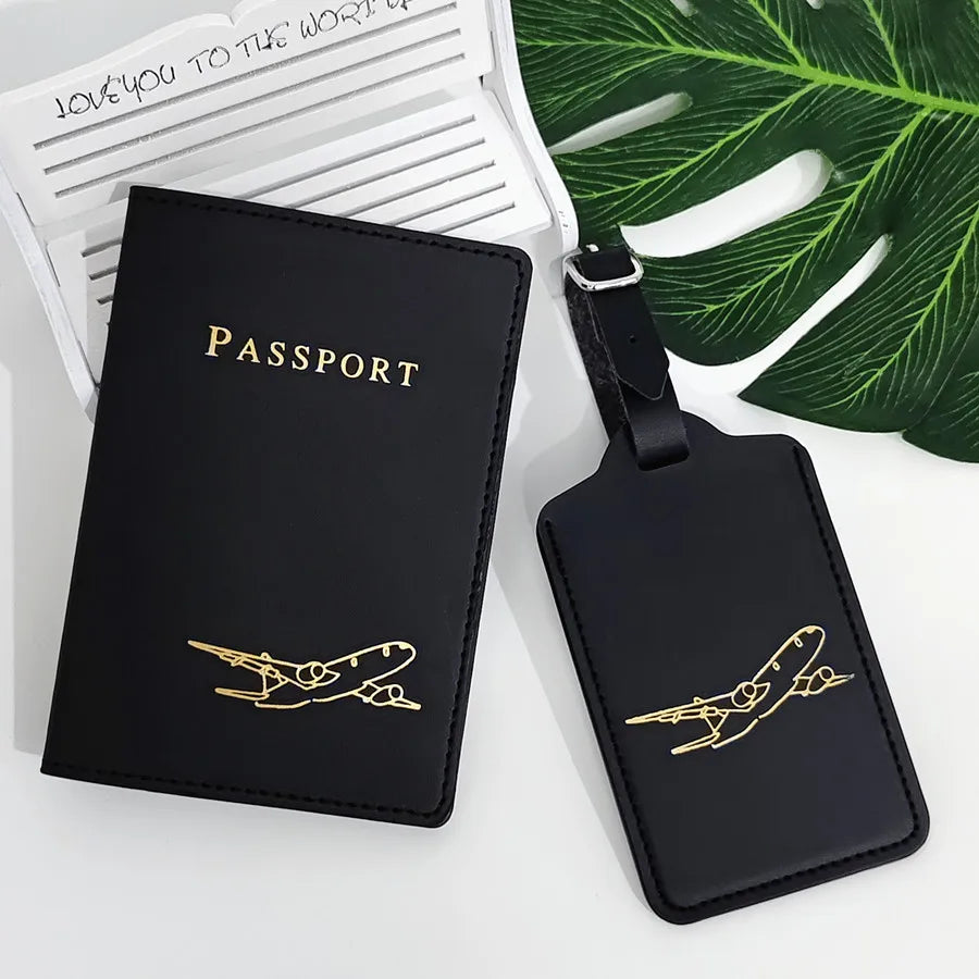 2PCS/Set Aircraft Passport Cover Luggage Tag With Name ID Card Anti-lost PU Leather Wallet Travel Accessories For Flight Lovers
