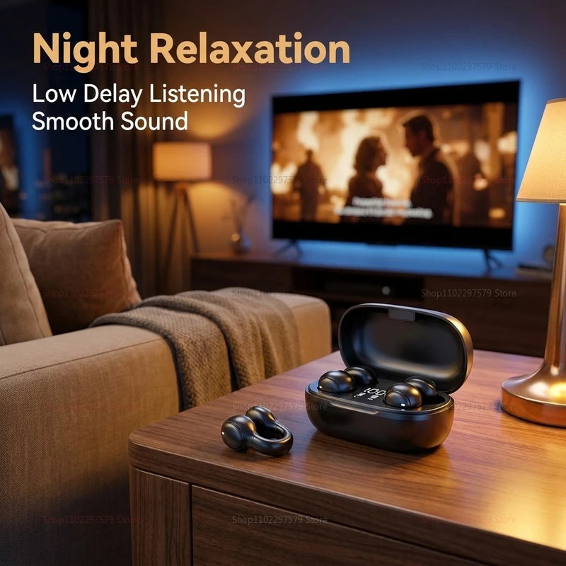 Sports Bluetooth Ear Clip Headphones LED Mirror Screen, HiFi Lossless Sound, Noise Cancelling, Soft Silicone Comfort Earphones