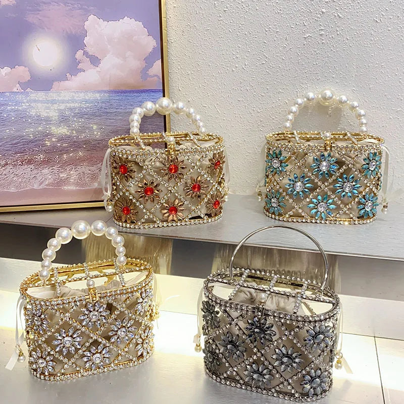 Luxury Hollow Out Metal Cage Bag Crystal Diamond Clutch Purse For Wedding Party Women Handbag Glitter Rhinestones Evening Bag