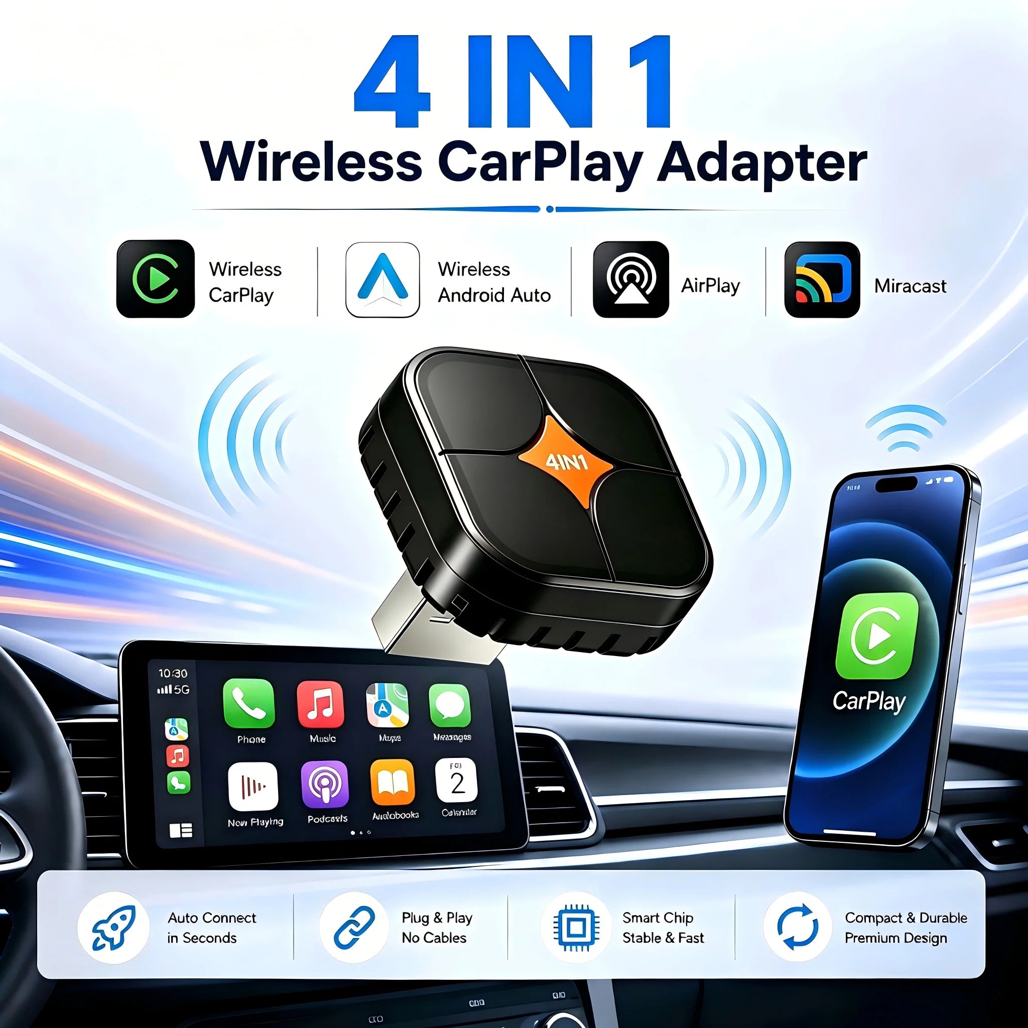 4IN1 Wireless CarPlay Android Auto Dongle Wired To Wireless Converter AirPlay Miracast Screen Mirror Bluetooth WiFi Auto Connect