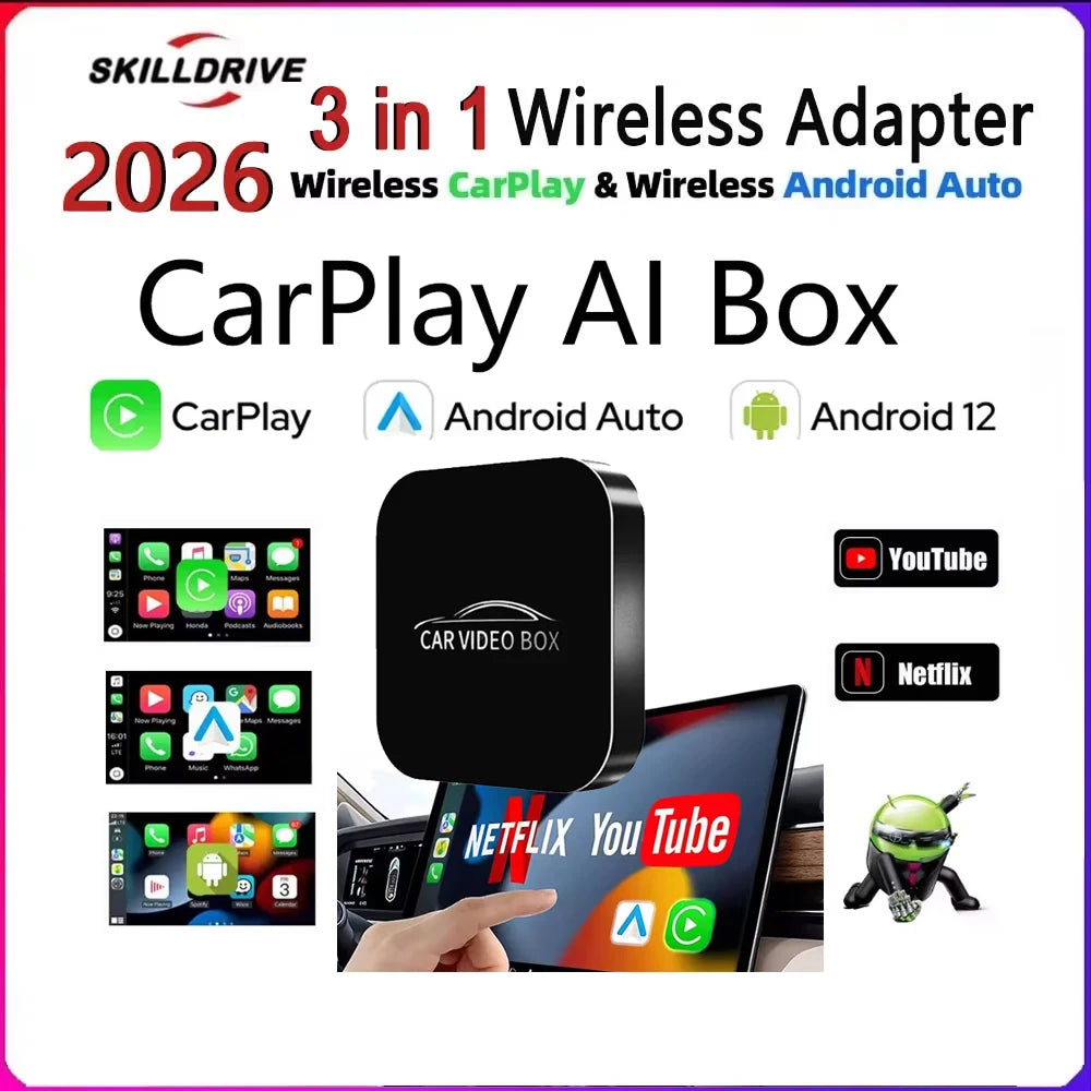 SKILLDRIVE 2026 3in1 Wireless CarPlay Adapter Android Auto Convertion Box Wireless Apple Carplay Built-in Netflix YouTube