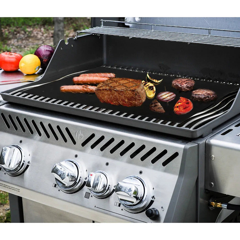 Bbq Grill Mat Heat Resistant Non-Stick Black Glass Fiber Bbq Oven Grill Sheet Baking Pad Dishwasher Safe Reusable Oven Liners