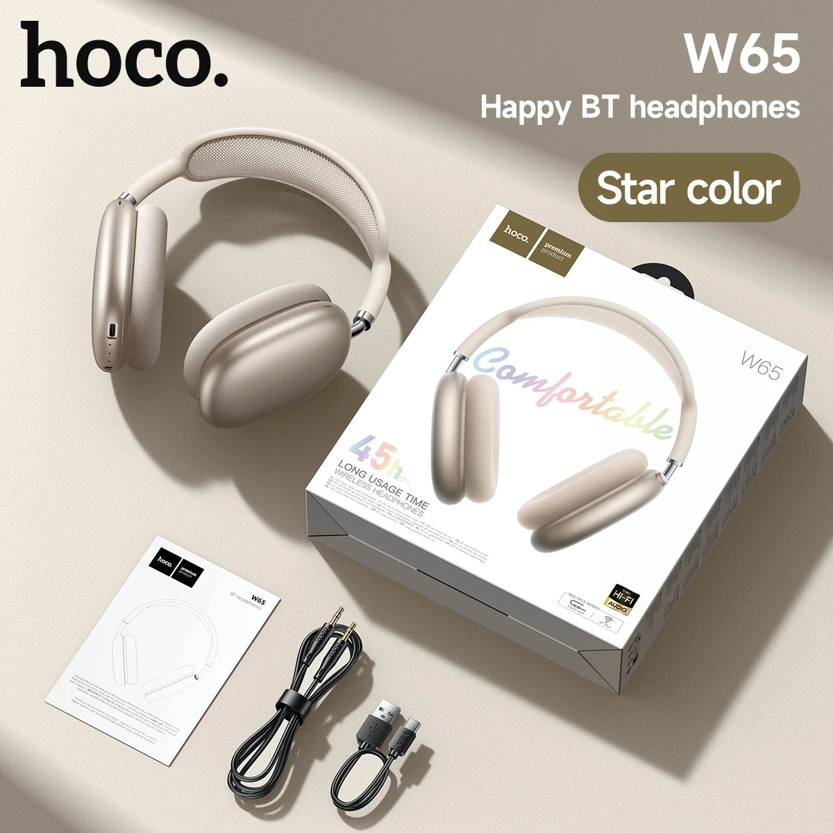 HOCO W65 Bluetooth Headphones Over The Ear Wireless Big Earphone Hifi Sounds Sport Headsets With Volume Button Air Earbuds Max