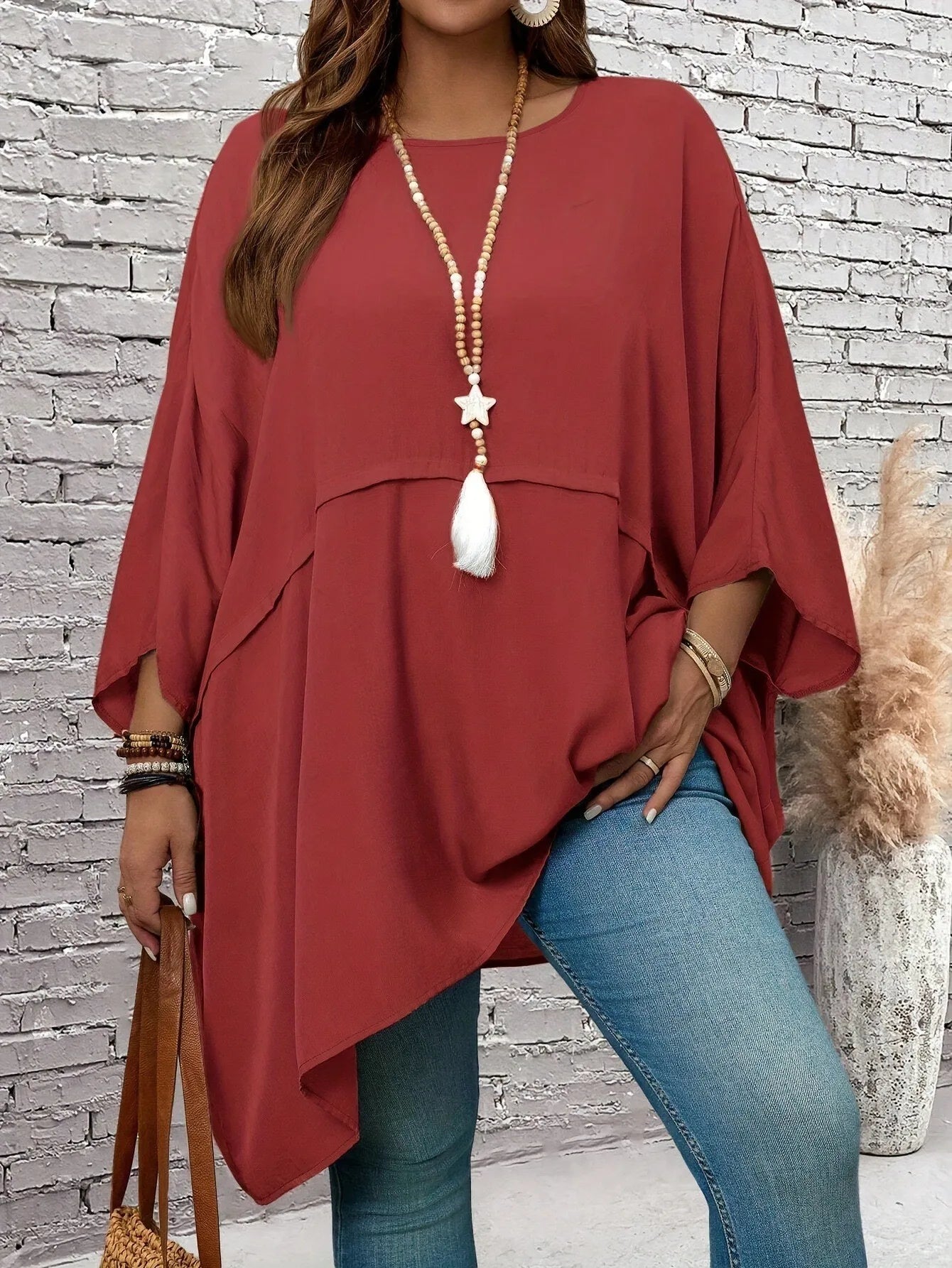 Plus-size women's clothing - solid-color loose crew-neck batwing sleeve top for spring and autumn casual vacations