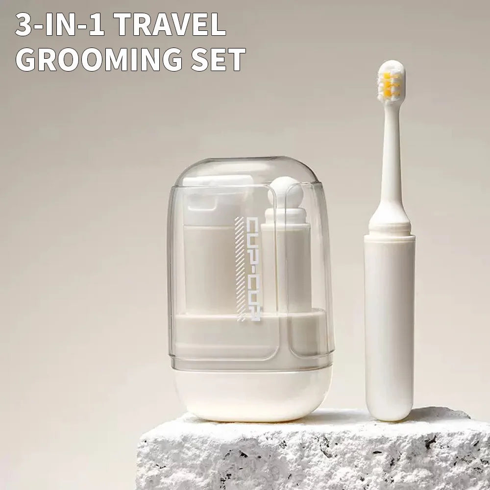 3 in 1 Travel Grooming Set - Portable Mouthwash Cup, Toothbrush, Toothpaste Storage Box - Essential Multifunctional Mini