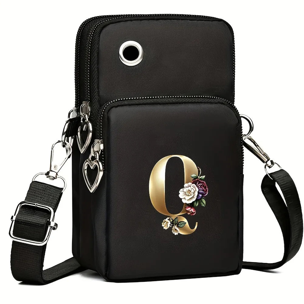 Fashion A-Z Letter Print Women's Crossbody Bag Large Capacity Three-Layer Zipper Phone Bag Daily Travel Coin Purse