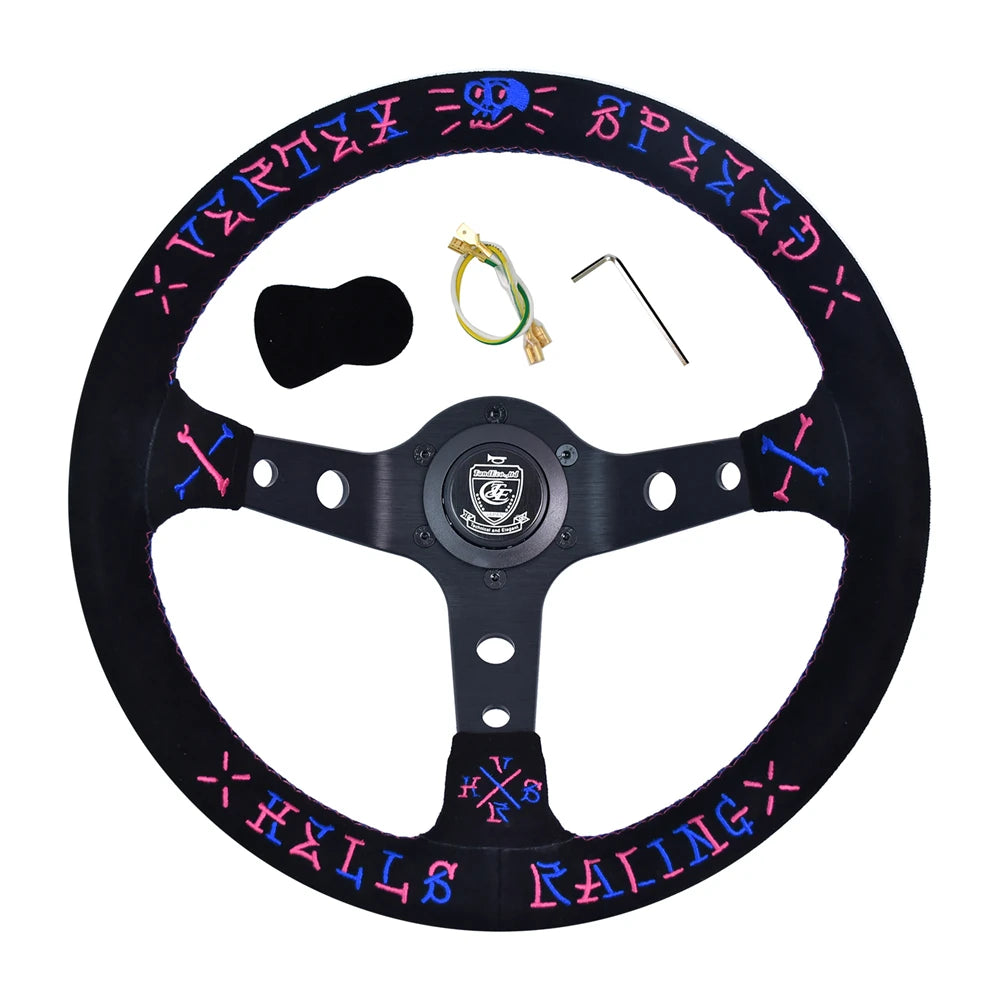 VERTEX Universal Racing Steering Wheel Black Spoke Suede Embroidered Sports Steering Wheel With 6 Holes