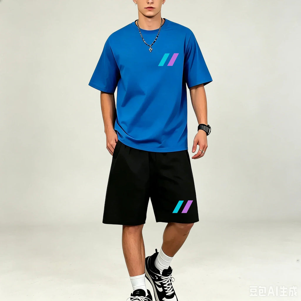 Men T‑Shirts Sets 2‑Piece Suits Relax‑Fit Short‑sleeve Tee And Pocket‑Shorts Sets Breathable Street‑Style T‑Shirts Sets For Guys
