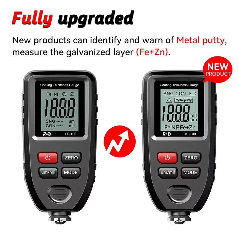 R&D TC100 Metal Putty Coating Thickness Gauge for Car Digital 0-1300um Fe NFe Zn Probe Car Paint High Speed Paint Film Meter