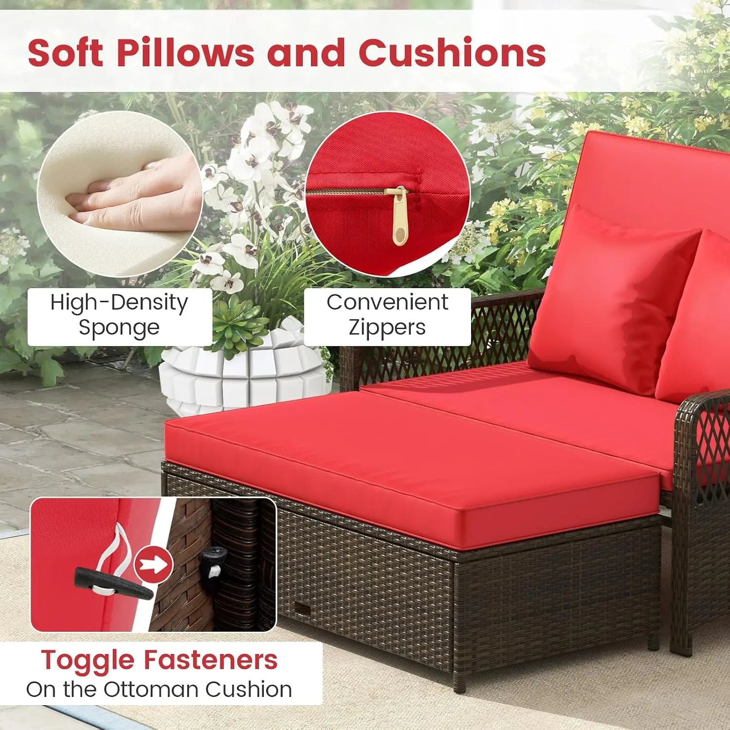Outdoor Daybed, Wicker Loveseat Sofa Set with Storage Ottoman, 4-Level Adjustable Backrest, Sofa Pillows &, Customized