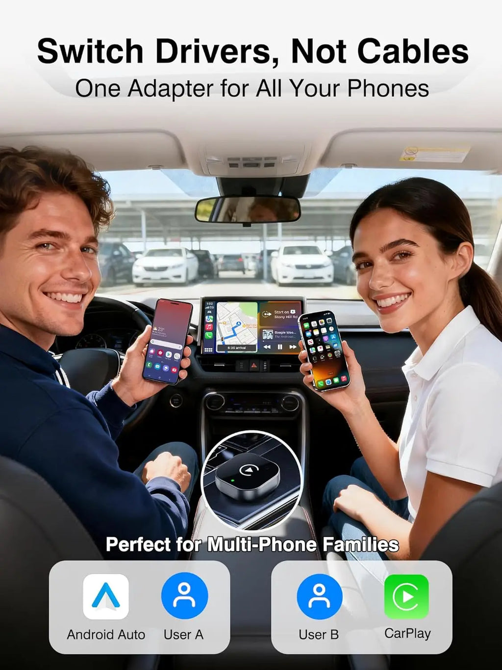 2-in-1 Wireless CarPlay & Android Auto Adapter 5.8GHz Pro – Seamless Switch for Multi-Driver Families – Convert Factory Wired to