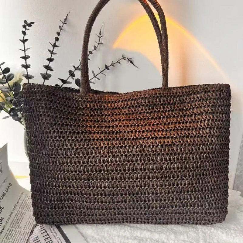 Summer French Elegant  Raffia Straw Tote Bag Women Large Capacity Minimal Shoulder Bag Magnetic Buckle Beach Shopping Handbag
