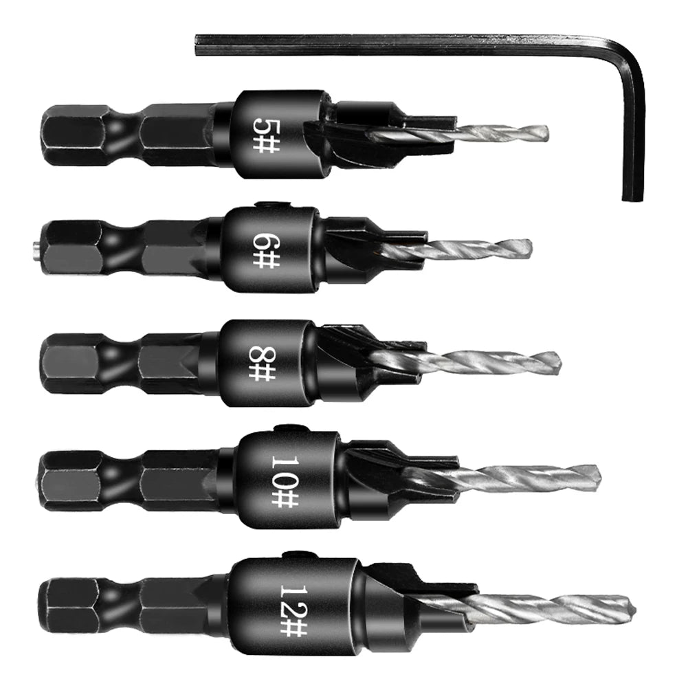 5Pcs/Set Countersink Drill Bit Set  Woodworking Drilling Tool Drill Bit  For Pilot Holes For Screw Sizes 5-14#