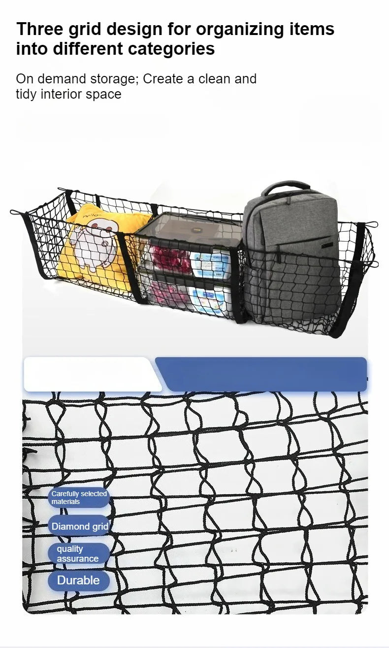 Universal 3-Column Cargo Net Trunk Bed Organizer Mesh Storage Net Bed Grocery Auto Holder Pickup Truck Bed Truck Accessories