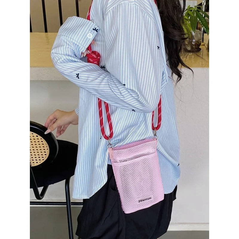 Sweet and Fresh Mobile Phone Bag for Women2025New Summer Hollow Out Single Shoulder Bag Crossbody Mesh Portable Storage Bag