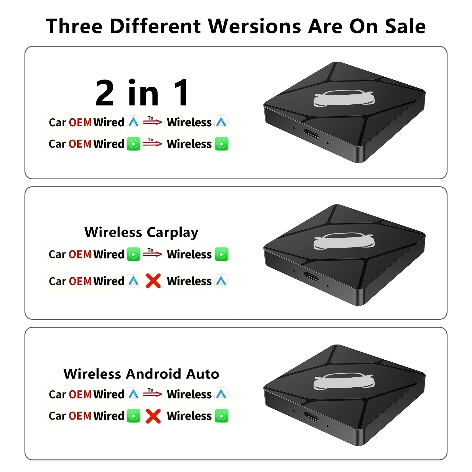 BINIZE Wireless CarPlay & Wireless Android-Auto Adapter 5.8GHZ WiFi Bluetooth 5.0 Plug And Play For Cars with OEM Wired Systems