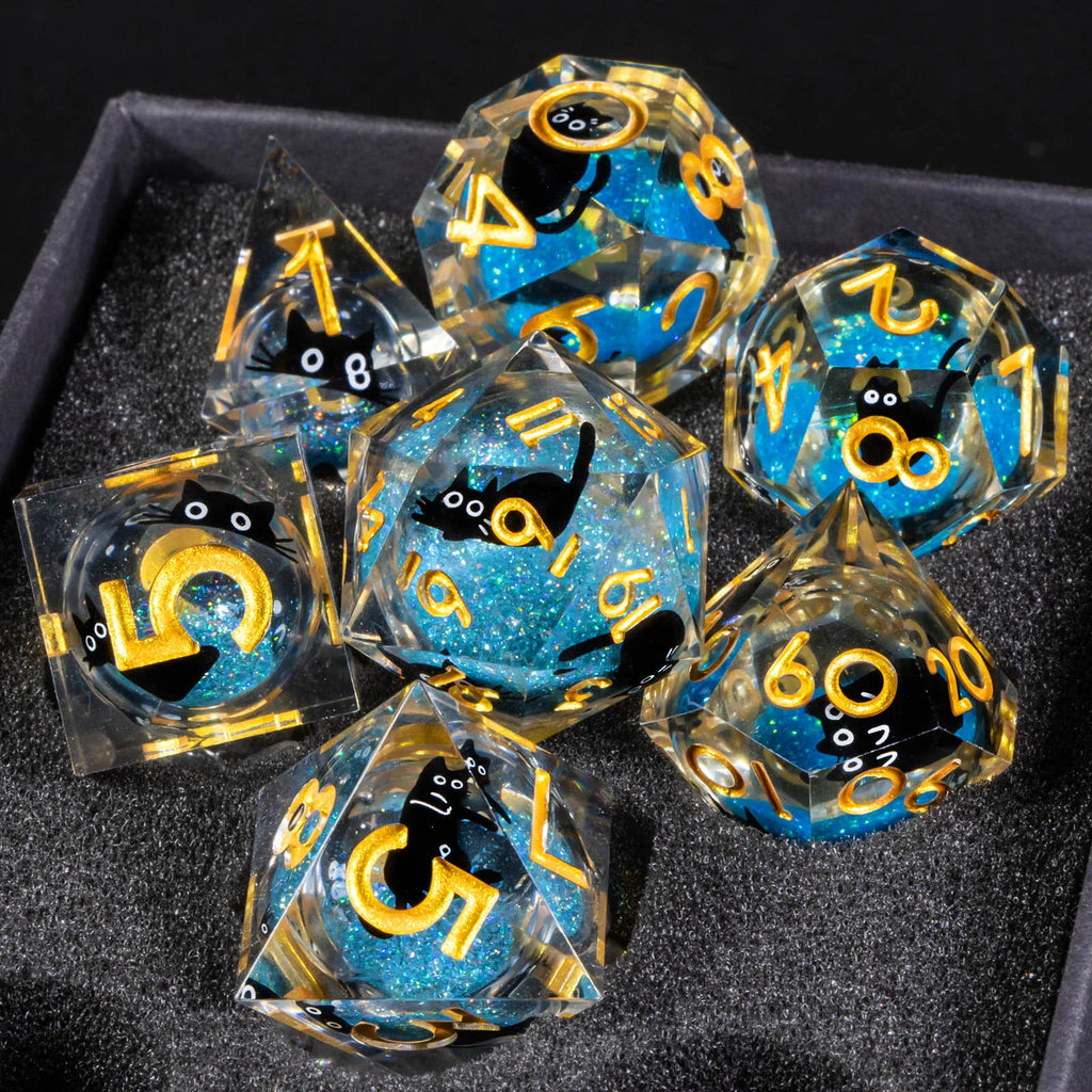 Cat Resin Dice Set DND, Liquid Core D&D Dice, Cute Dungeon and Dragon Dice, Sharp Edge Role Playing Dice D20 D12 D10 D8 D6 D4