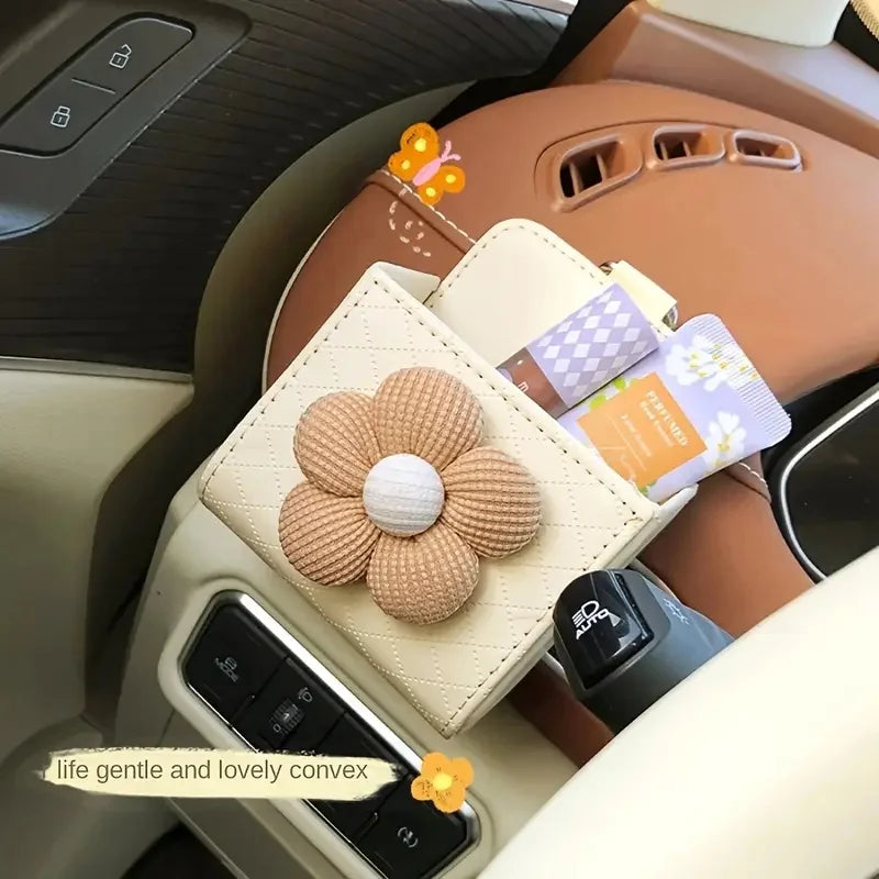 A Flower Patterned PU Leather Car Storage Box, Lightweight and Portable, Glove Box Organizer, Vehicle Interior Decoration