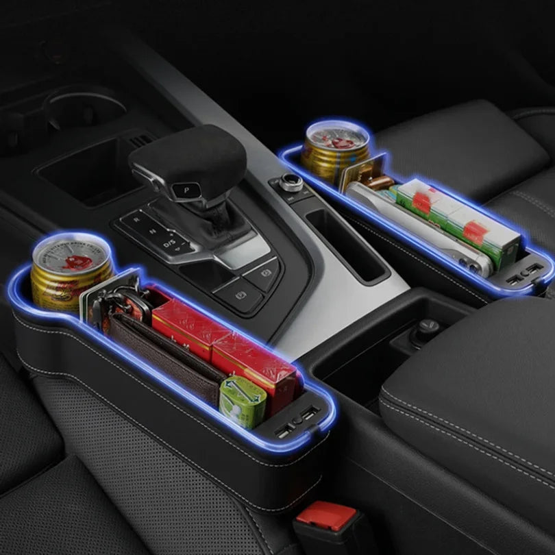 New Car Crevice Storage Box with 2 USB Charger Colorful LED Seat Gap Slit Pocket Seat Organizer Card Phone Bottle Cups Holder