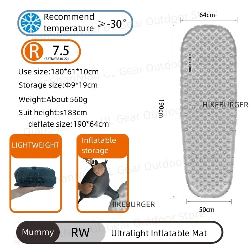 Light Tour R Value 7.5 Camping Inflatable Mattress Outdoor Portable Sleeping Pad Ultralight Hiking Single People Mat R4.2/R3.5
