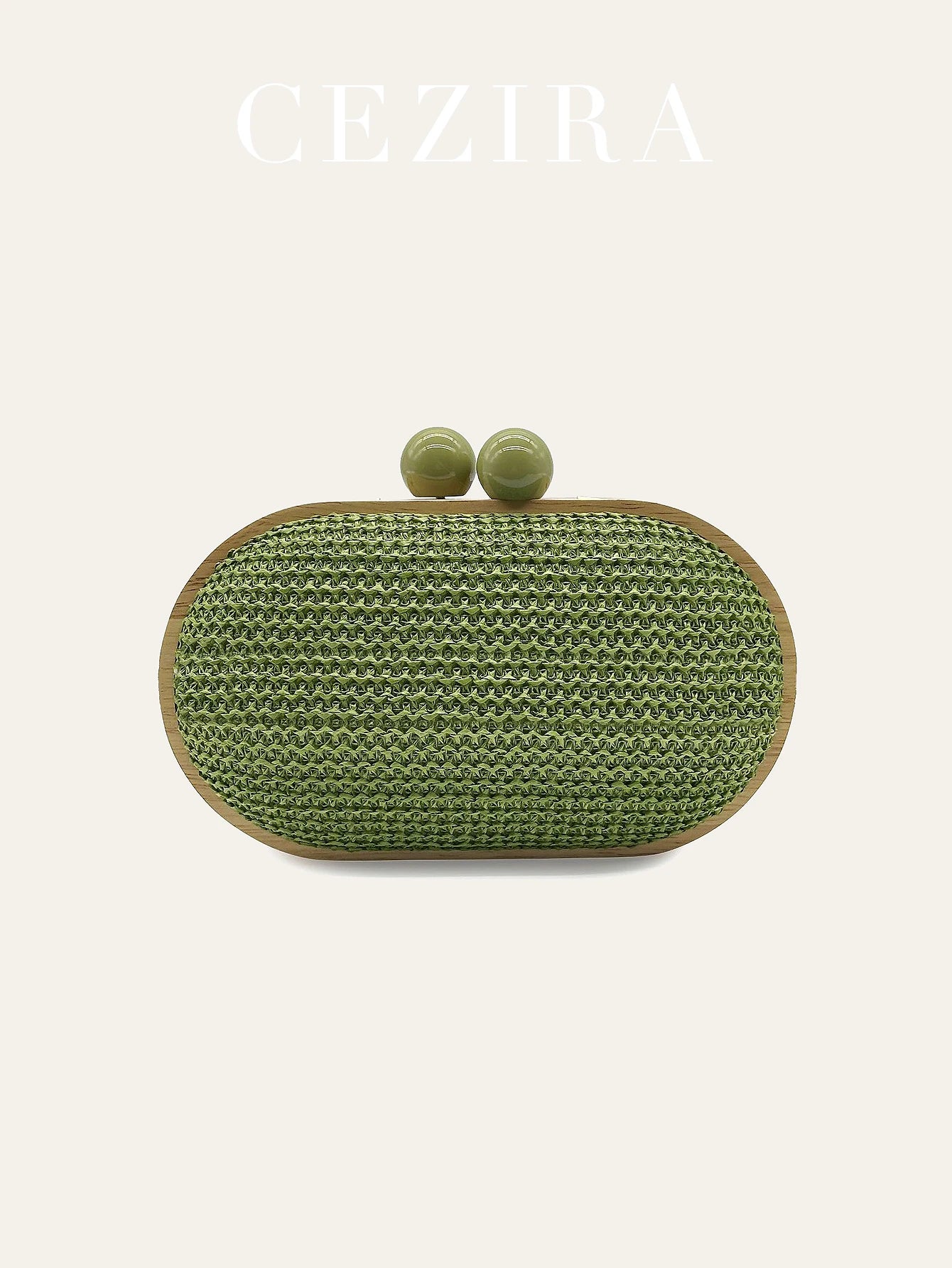 CEZIRA Women's Fashionable Straw Woven Clutch Wooden Frame Clip Closure Evening Bag Hard-case Long Chain Handbag Purse Holiday