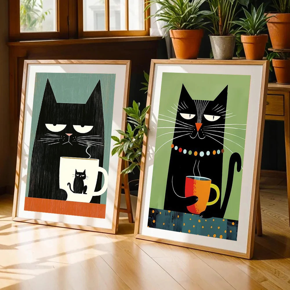 Whimsical Black Cat Drink Coffee Poster For Bedroom Nursery Cartoon Animal Canvas Painting Cute Cat Illustration Print Wall Art