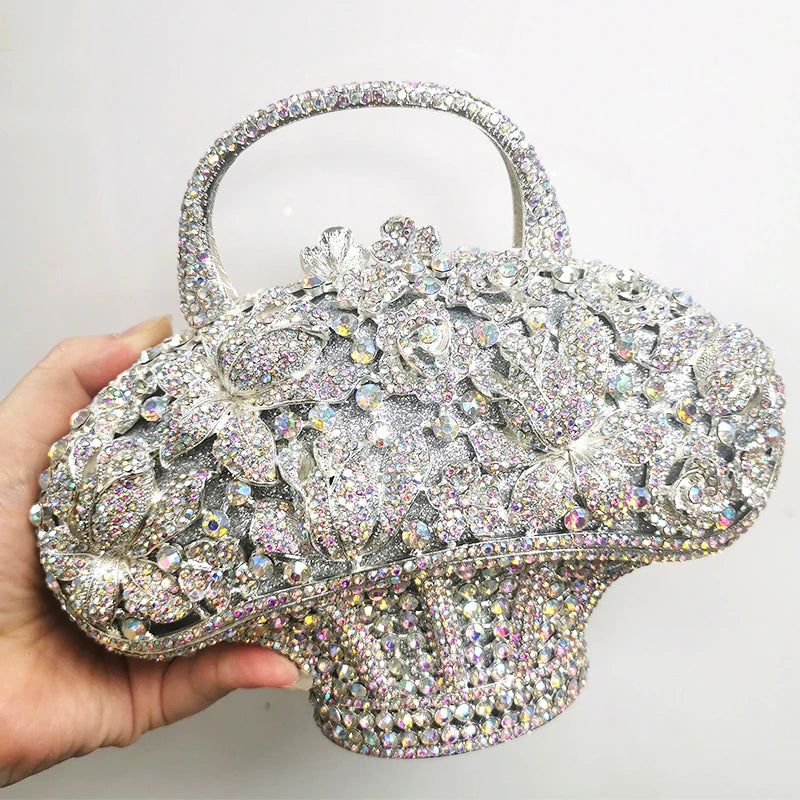 WHTUOHENG Women's Rhinestone Embellished Flower Leaves Basket Clutch Bag Luxury Diamond Evening Purse Crystal Bridal Handbag