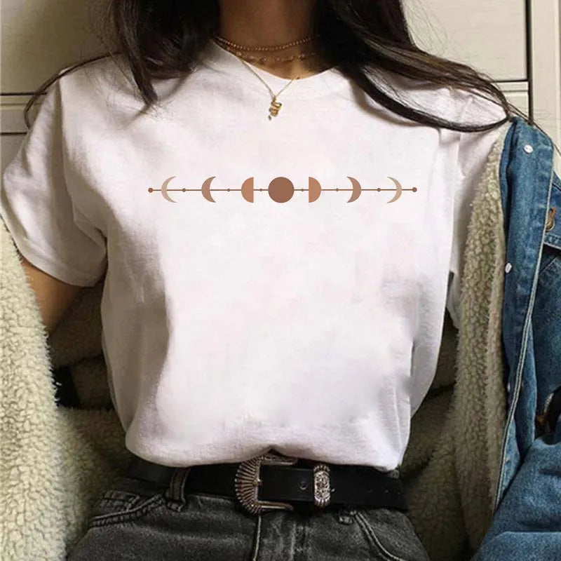 New Fashion Black Tops Funny Female T-shirt Casual Tee Woman Clothes Y2k Cute Tops Moon PrintWomen Harajuku Summer T Shirt Girl