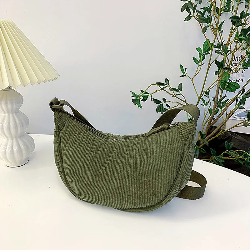 Solid Color Corduroy Women's Hobos Shoulder Bag Retro Casual Female Crossbody Bags Ladies Daily Travel Handbags Messenger Bag