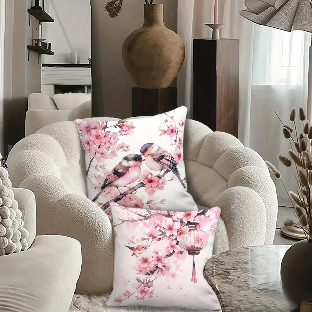 4-Piece Pillowcase Set, Square Cushion Covers with a Pink Cherry Blossom and Lantern Pattern on a White S Insert Not Included