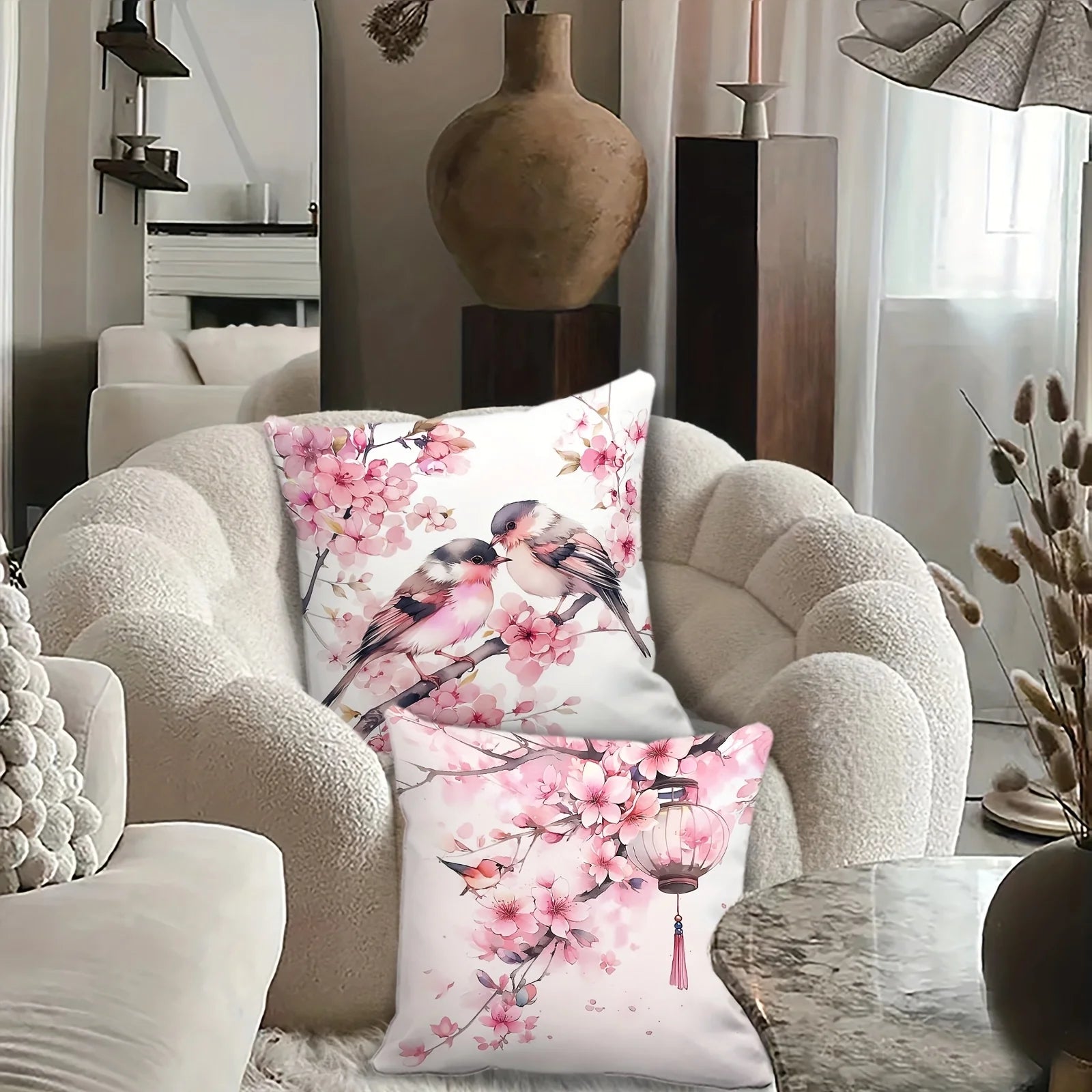4-Piece Pillowcase Set, Square Cushion Covers with a Pink Cherry Blossom and Lantern Pattern on a White S Insert Not Included