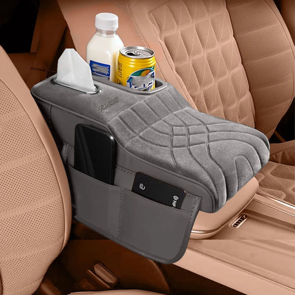 High-Low Style Suede fabric Car Armrest Box Cushion - an Armrest Cover with 2 Side Pockets, 2 Cup Holder,and 1 Tissue Box.