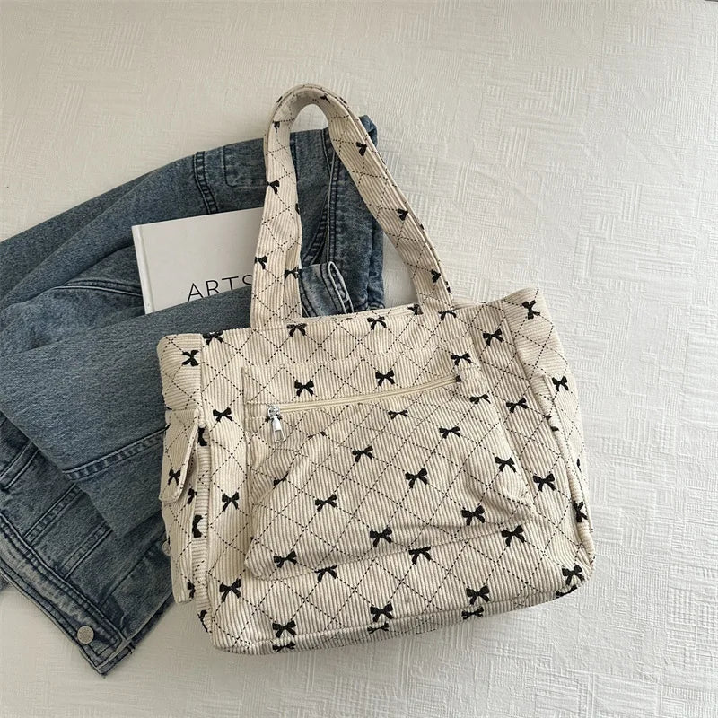 Large Capacity Corduroy Casual Tote Bags For Ladies, Casual Bow Pattern Commuting Handbags Women's For Shopping