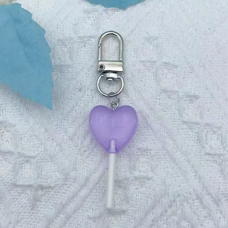 9pcs Sweet simulation color translucent resin heart-shaped lollipop keychain candy pendant bag accessories for daily girls
