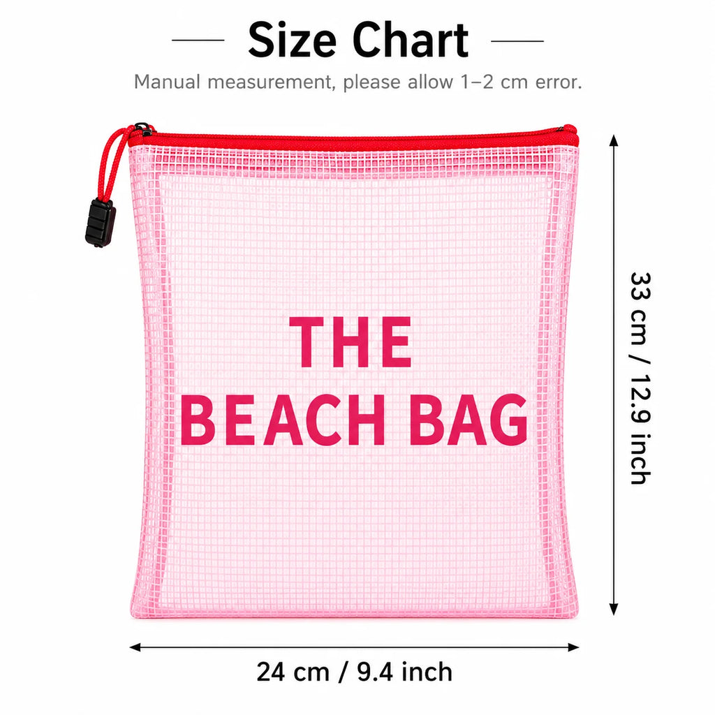 Pink Mesh Beach Bag, Waterproof Zipper Travel Cosmetic Pouch for Women, Large Capacity Toiletry Storage Organizer