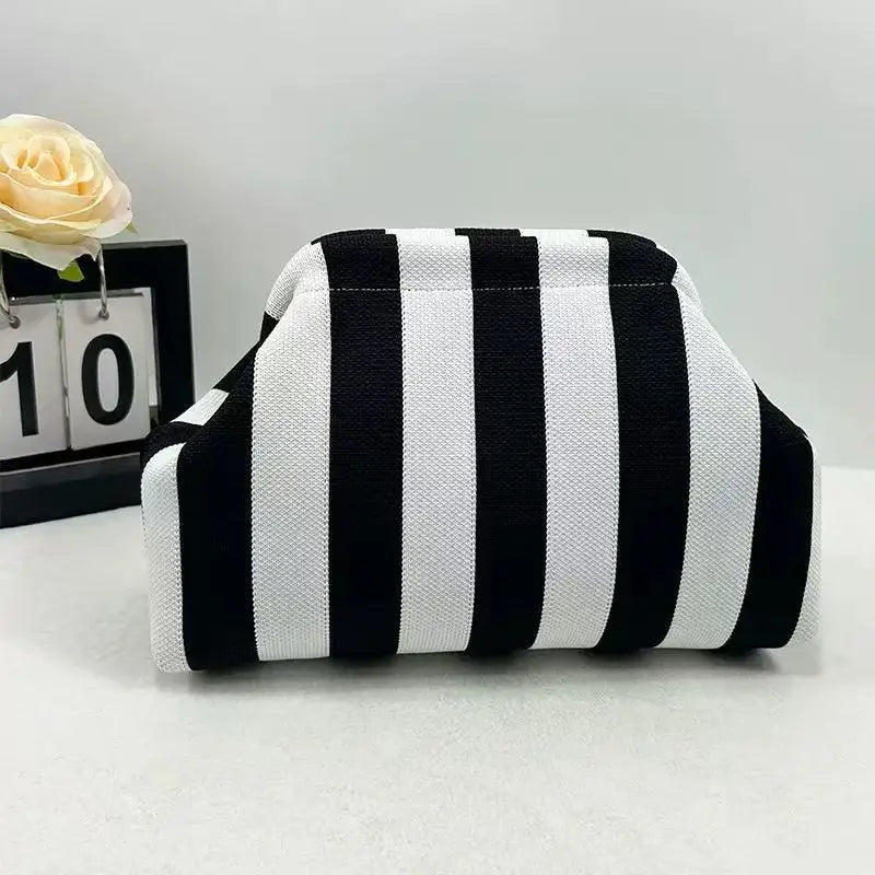 New bright-colored knit bag, thin striped fly-knit cloud, versatile elegant portable makeup bag, large-capacity handbag