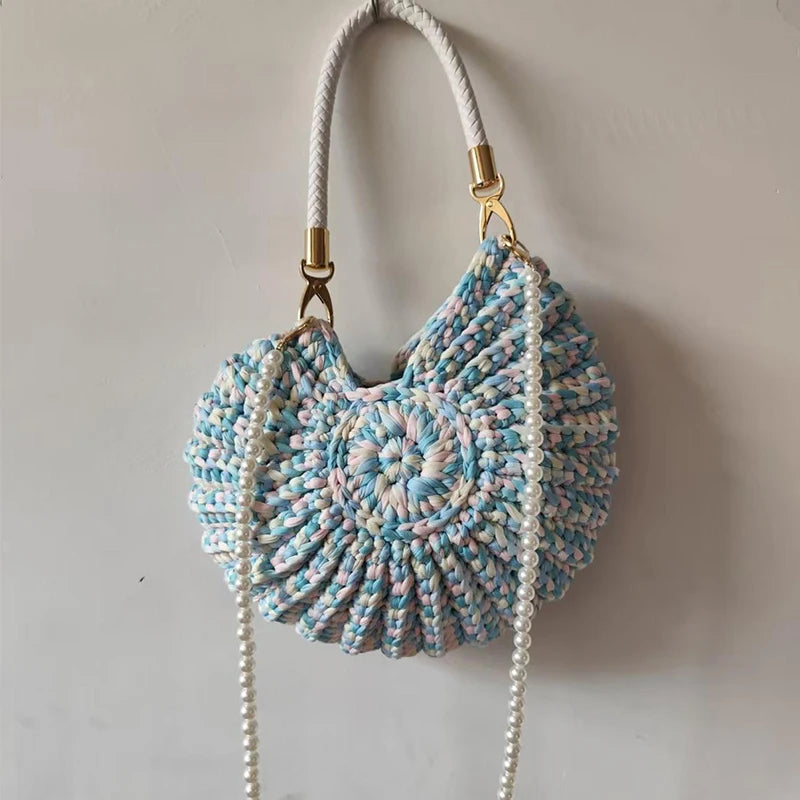 Creative Candy Color Conch Bag For Women Crochet Shoulder Bags Funny Cute Pearls Chains Handmade Weave Crossbody Hobo Shell Bag