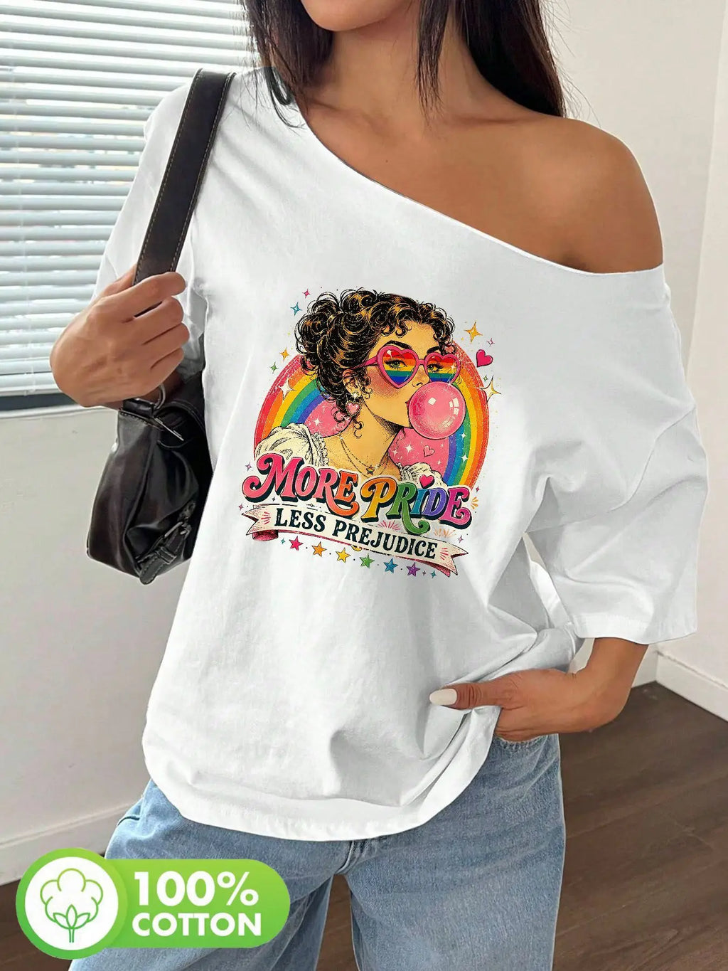 Plus Size Women's Retro Rainbow Pride Heart Sunglasses Graphic Tee 100% Cotton Shoulder Loose Print T-Shirt Oversized Y2K Sty