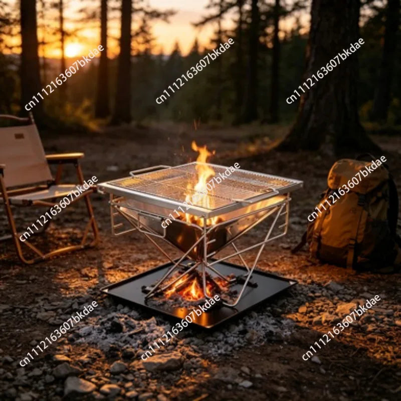 3Height Adjustable Folding BBQ Grill Thickening Stainless Steel Fire Table Multifunctional Park Picnic Insulation Campfire Stand
