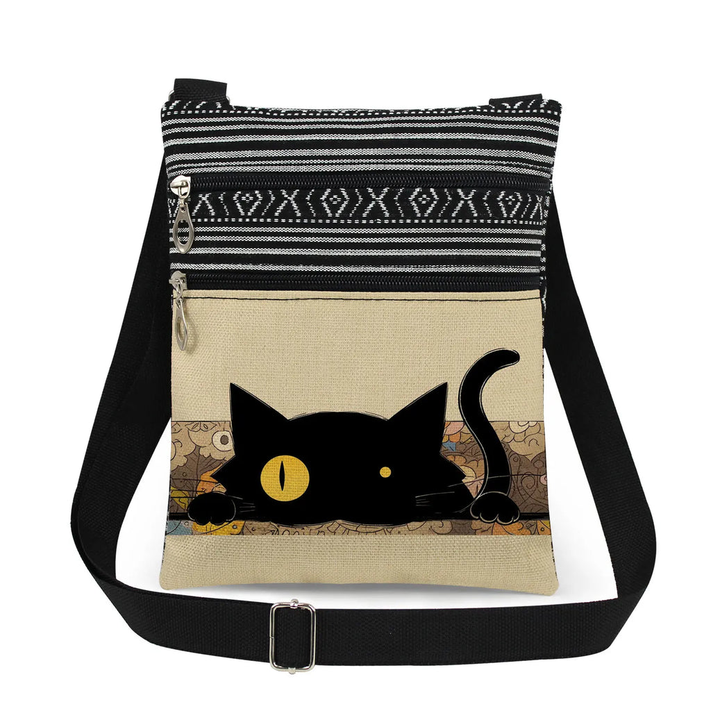 Cute Cartoon Black Cat Print Crossbody Bags Shoulder Bags For Women Daily Travel Portable Small Messenger Bags Catkeeper Gift