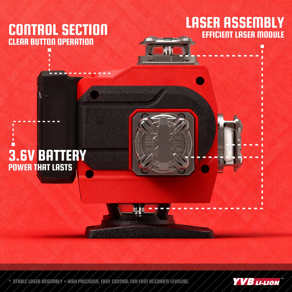 YEVOLT 360° Self-Leveling 16-Line Laser Level (Red/Green Beam Options) - Ultra-Clear for Indoor/Outdoor Use Rechargeable Battery