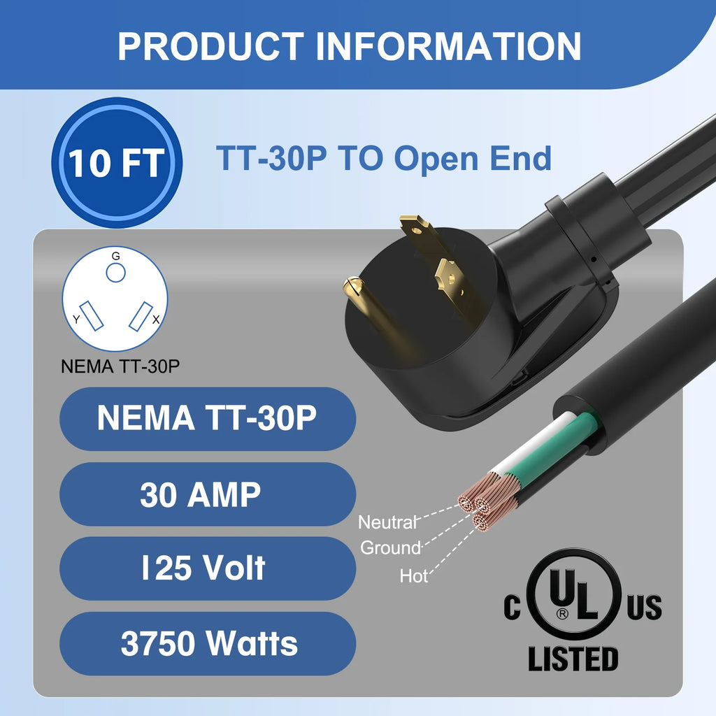 Iron Forge Cable 30 Amp RV Replacement Cord 10/15/25ft - 10/3 RV Extension Cord 10 Foot NEMA TT-30P to Open End 3 Wire - Heavy Duty 10 Gauge STW RV Cord