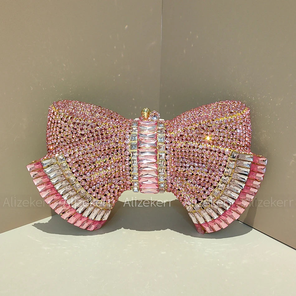 Alizekerr Bow Crystal Evening Bags Women Luxury Designer Boutique Metallic Rhinestone Clutch Purses And Handbags Wedding Party